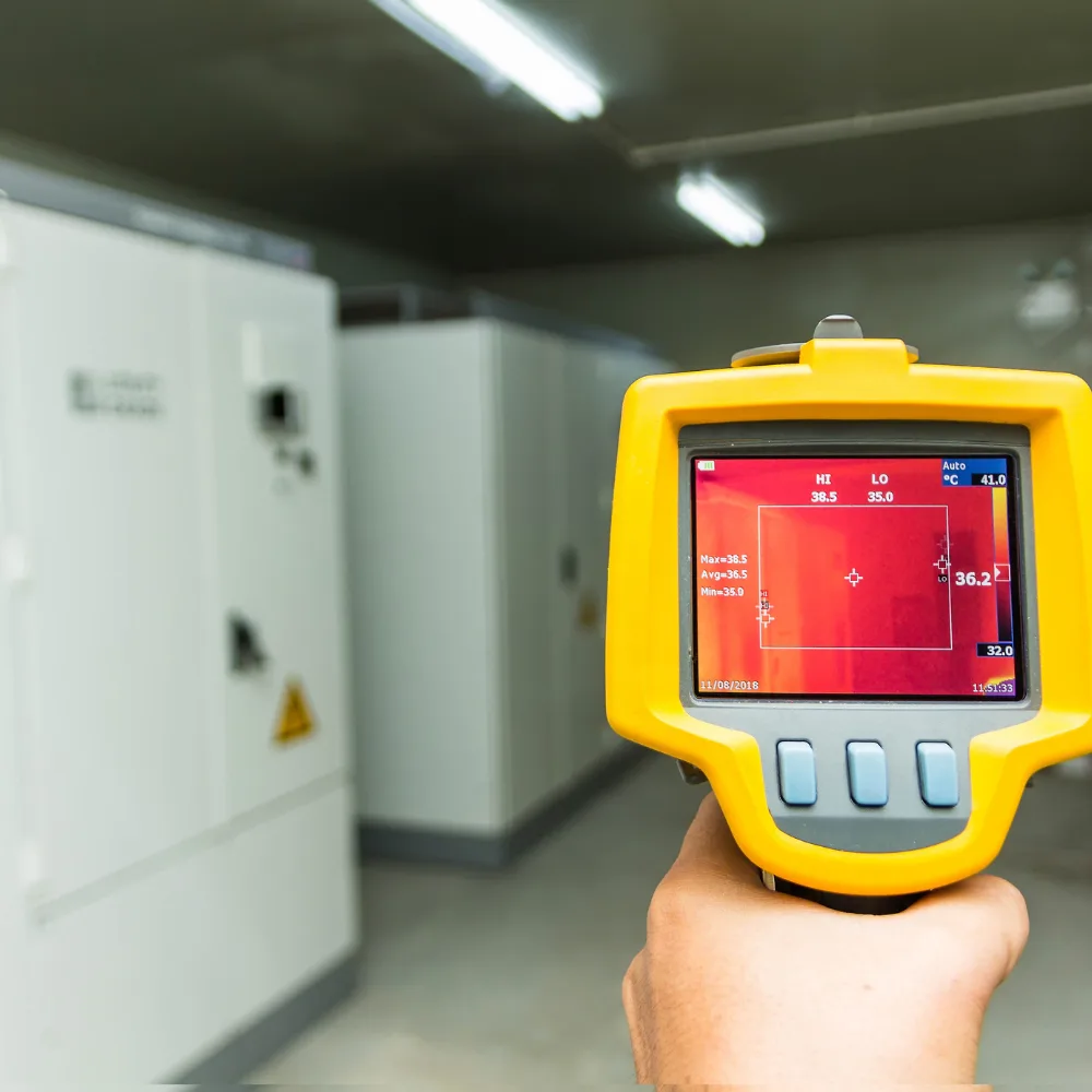 Operator with a thermal imaging camera during an electrical switchboard inspection