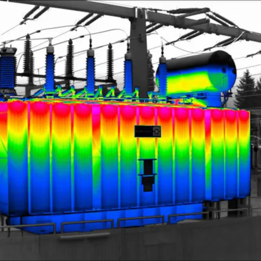 Thermogram of a power transformer with radiators in a color-scale palette